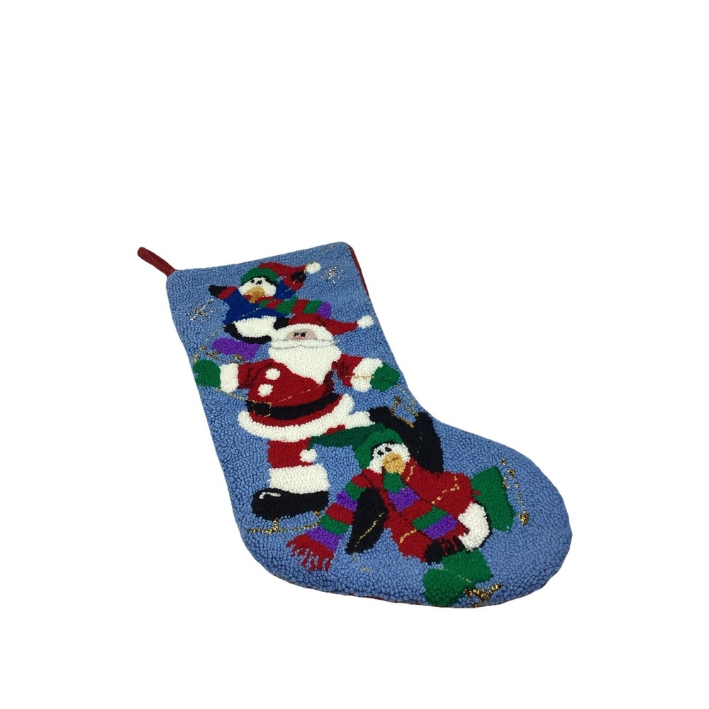 VTG Hooked Wool  Santa Penguin ice skaters Christmas Stocking 18"